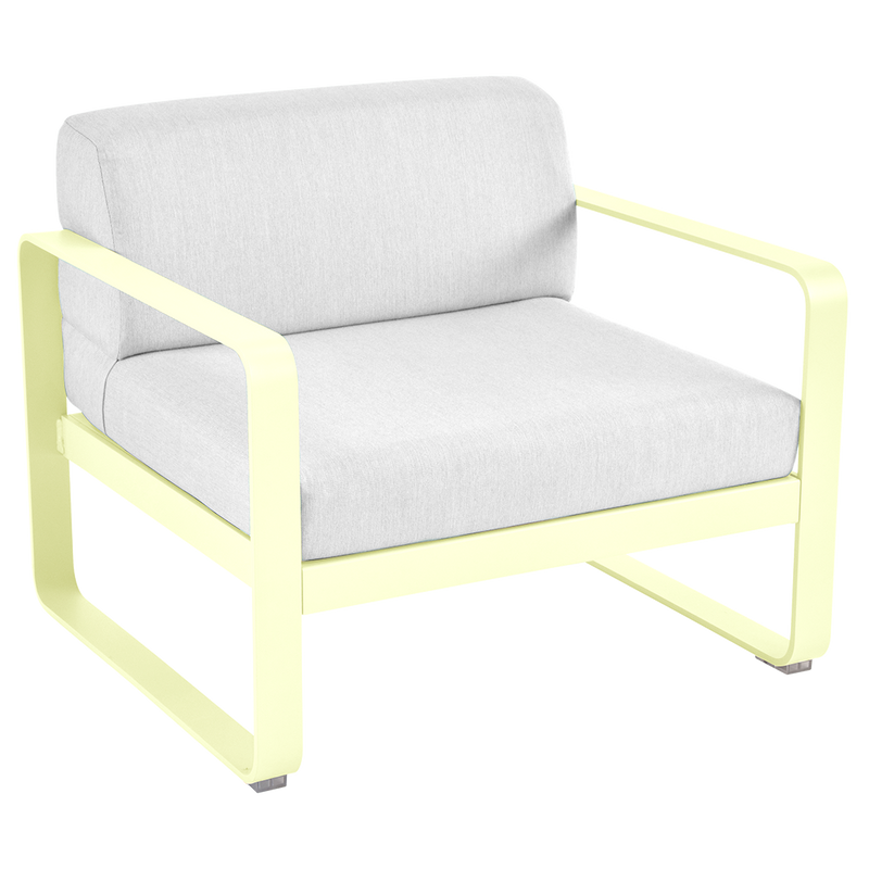 Load image into Gallery viewer, Fermob Bellevie outdoor lounge armchair– Frosted Lemon frame with Off-White fabric cushions
