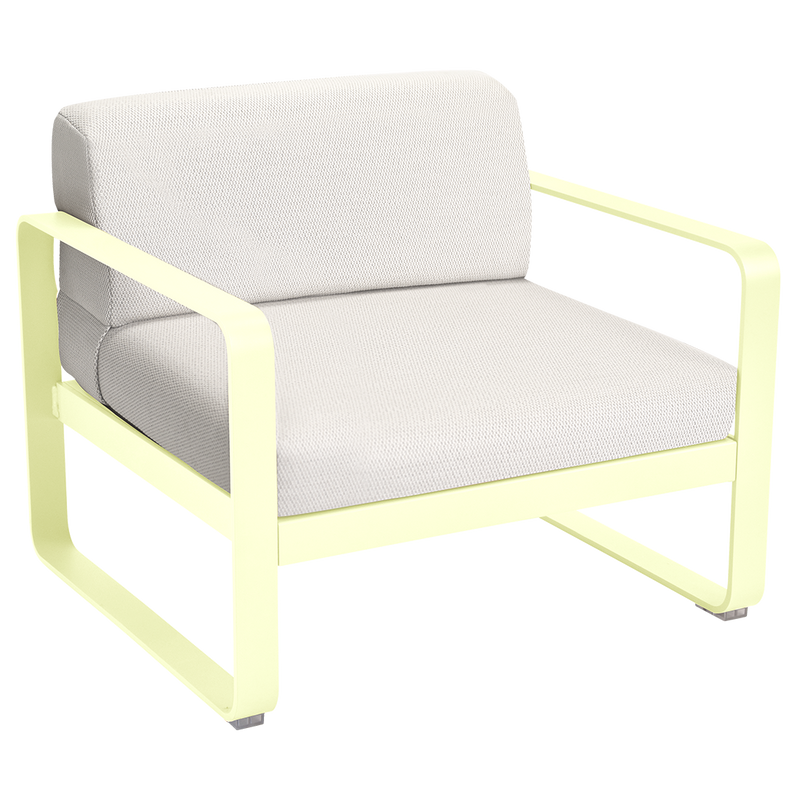 Load image into Gallery viewer, Fermob Bellevie outdoor lounge armchair– Frosted Lemon frame with Pearl fabric cushions

