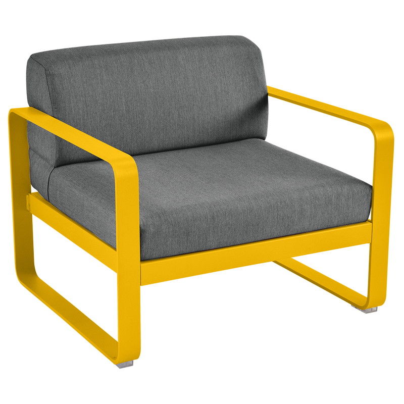 Load image into Gallery viewer, Fermob Bellevie outdoor lounge armchair– Honey frame with Graphite Grey fabric cushions
