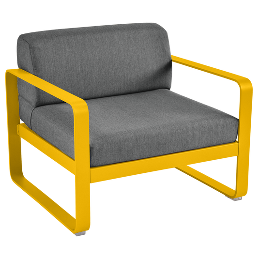 Fermob Bellevie outdoor lounge armchair– Honey frame with Graphite Grey fabric cushions