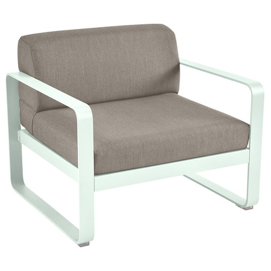 Fermob Bellevie outdoor lounge armchair– Ice Mint frame with Grey Taupe fabric cushions
