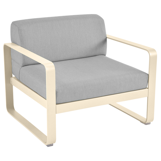 Fermob Bellevie outdoor lounge armchair– Latte Beige frame with Flannel Grey fabric cushions