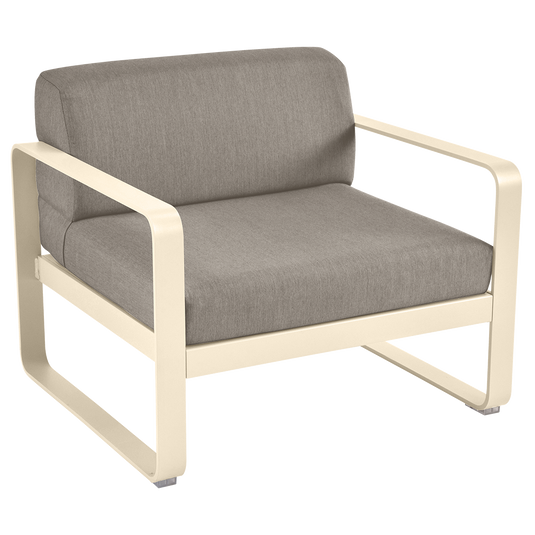 Fermob Bellevie outdoor lounge armchair– Latte Beige frame with Grey Taupe fabric cushions