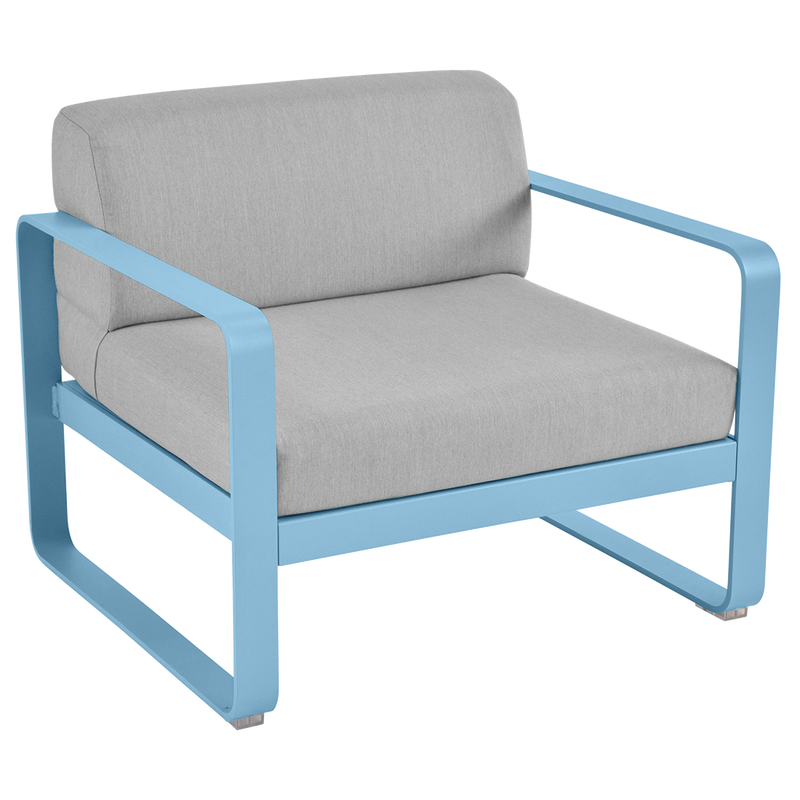 Load image into Gallery viewer, Fermob Bellevie outdoor lounge armchair– Maya Blue frame with Flannel Grey fabric cushions
