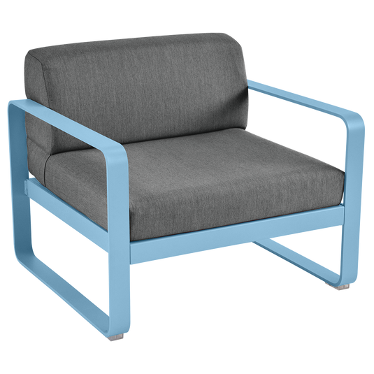 Fermob Bellevie outdoor lounge armchair– Maya Blue frame with Graphite Grey fabric cushions