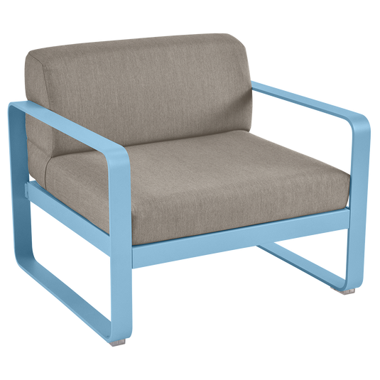 Fermob Bellevie outdoor lounge armchair– Maya Blue frame with Grey Taupe fabric cushions