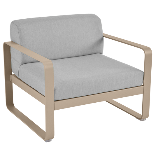 Fermob Bellevie outdoor lounge armchair– Nutmeg frame with Flannel Grey fabric cushions
