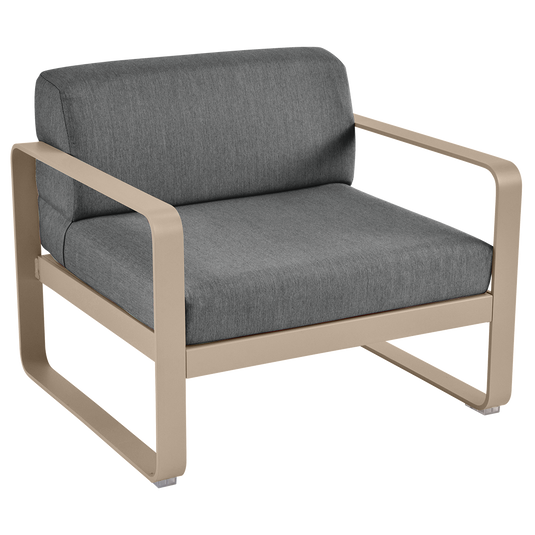 Fermob Bellevie outdoor lounge armchair– Nutmeg frame with Graphite Grey fabric cushions