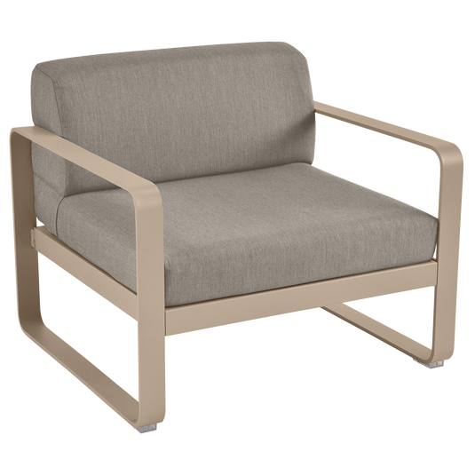 Fermob Bellevie outdoor lounge armchair– Nutmeg frame with Grey Taupe fabric cushions