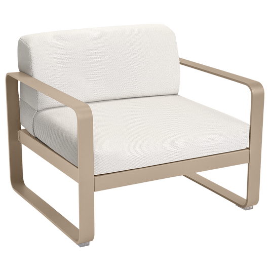 Fermob Bellevie outdoor lounge armchair– Nutmeg frame with Pearl fabric cushions