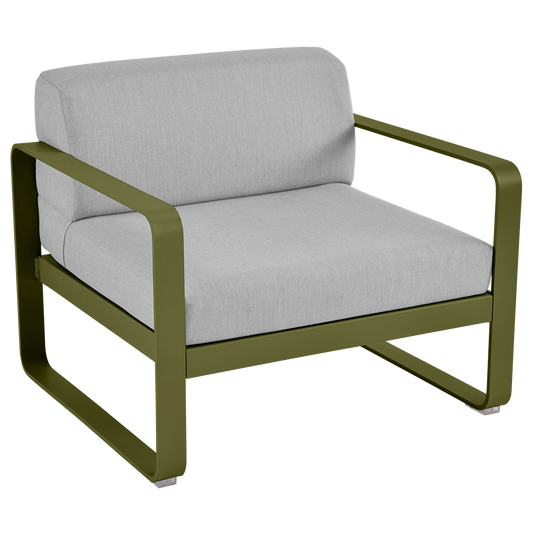 Fermob Bellevie outdoor lounge armchair– Pesto Green frame with Flannel Grey fabric cushions