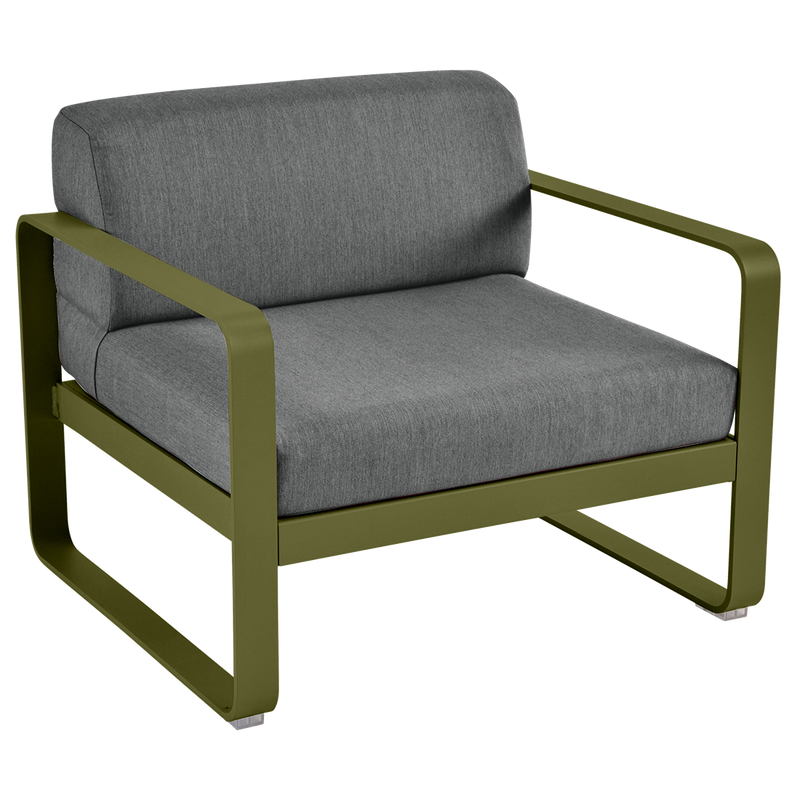Load image into Gallery viewer, Fermob Bellevie outdoor lounge armchair– Pesto Green frame with Graphite Grey fabric cushions
