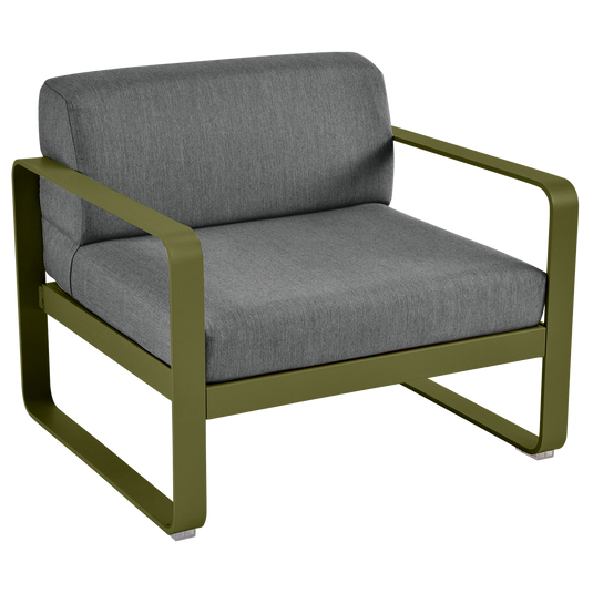 Fermob Bellevie outdoor lounge armchair– Pesto Green frame with Graphite Grey fabric cushions