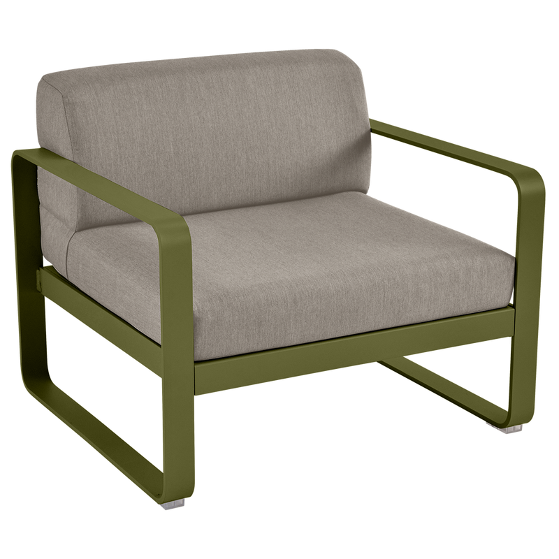 Load image into Gallery viewer, Fermob Bellevie outdoor lounge armchair– Pesto Green frame with Grey Taupe fabric cushions
