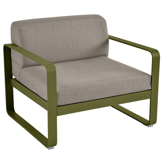 Fermob Bellevie outdoor lounge armchair– Pesto Green frame with Grey Taupe fabric cushions