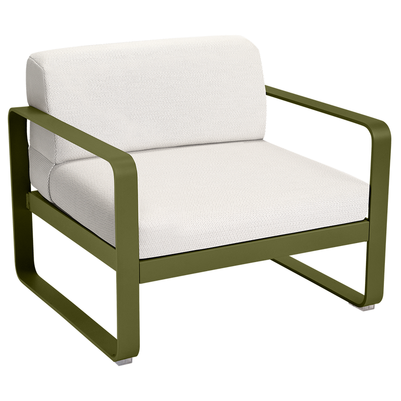 Load image into Gallery viewer, Fermob Bellevie outdoor lounge armchair– Pesto Green frame with Pearl fabric cushions

