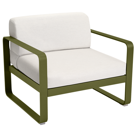 Fermob Bellevie outdoor lounge armchair– Pesto Green frame with Pearl fabric cushions