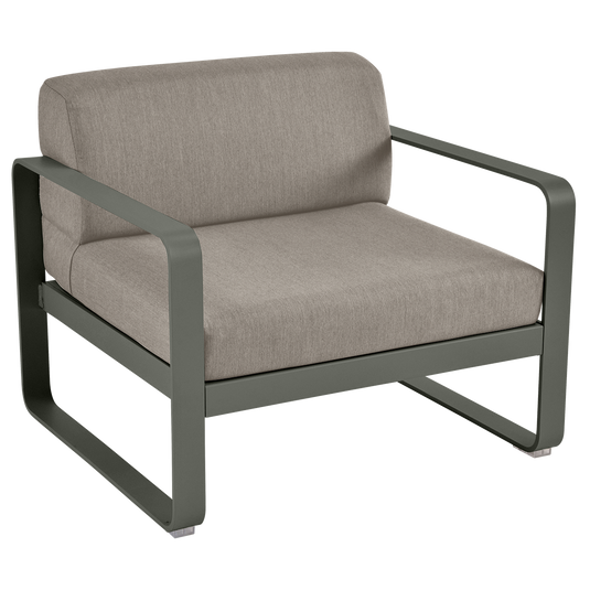 Fermob Bellevie outdoor lounge armchair– Rosemary frame with Grey Taupe fabric cushions