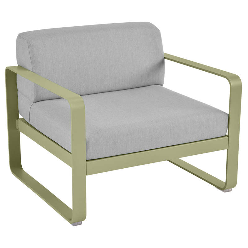 Load image into Gallery viewer, Fermob Bellevie outdoor lounge armchair– Willow Green frame with Flannel Grey fabric cushions

