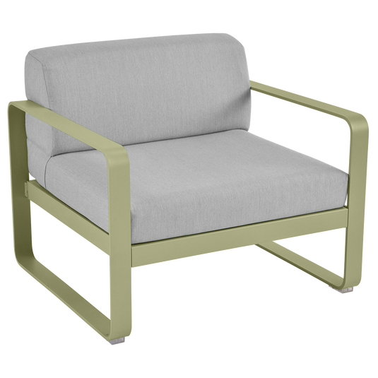 Fermob Bellevie outdoor lounge armchair– Willow Green frame with Flannel Grey fabric cushions