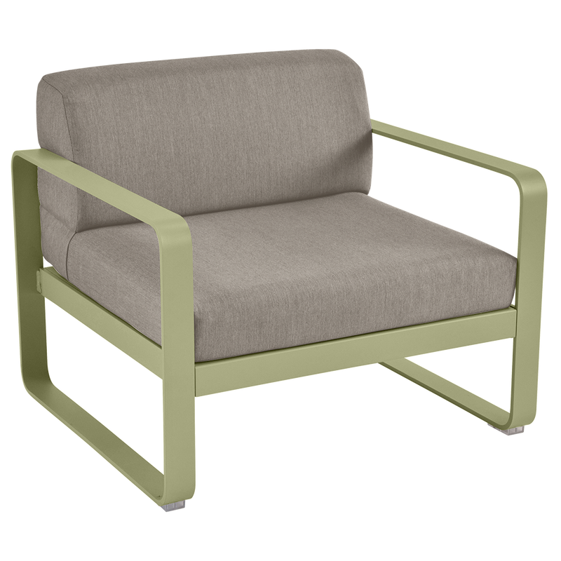 Load image into Gallery viewer, Fermob Bellevie outdoor lounge armchair– Willow Green frame with Grey Taupe fabric cushions
