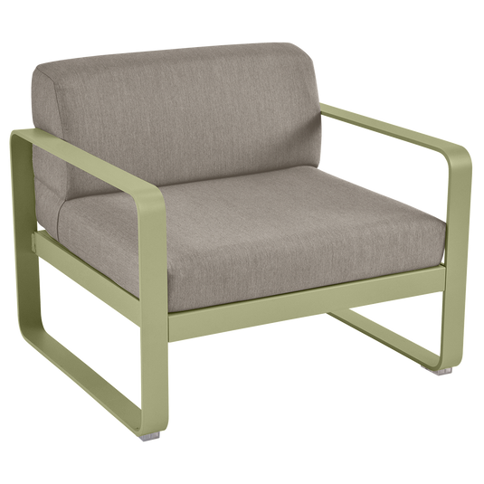 Fermob Bellevie outdoor lounge armchair– Willow Green frame with Grey Taupe fabric cushions