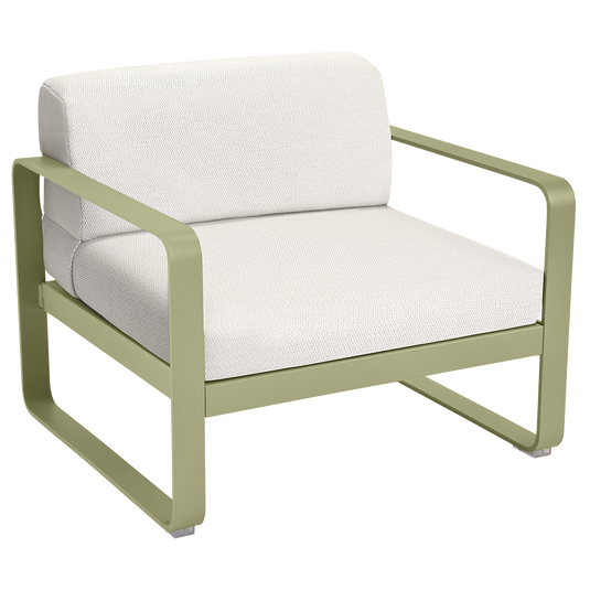 Fermob Bellevie outdoor lounge armchair– Willow Green frame with Pearl fabric cushions