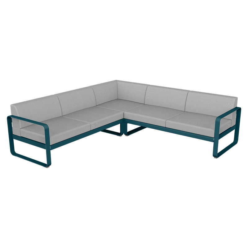 Load image into Gallery viewer, Fermob Bellevie modular sofa Composition 2– Acapulco Blue frame with Flannel Grey fabric cushions
