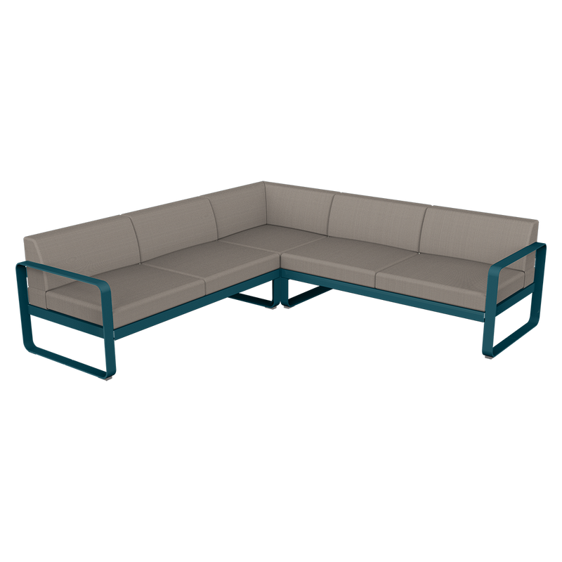 Load image into Gallery viewer, Fermob Bellevie modular sofa Composition 2– Acapulco Blue frame with Grey Taupe fabric cushions
