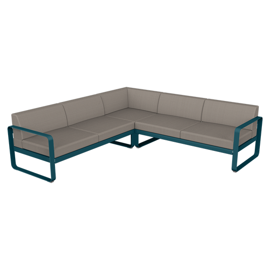 Fermob Bellevie modular sofa Composition 2– Acapulco Blue frame with Grey Taupe fabric cushions