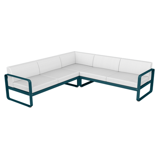 Fermob Bellevie modular sofa Composition 2– Acapulco Blue frame with Off-White fabric cushions