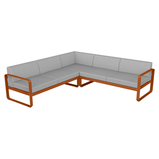 Fermob Bellevie modular sofa Composition 2– Candied Orange frame with Flannel Grey fabric cushions