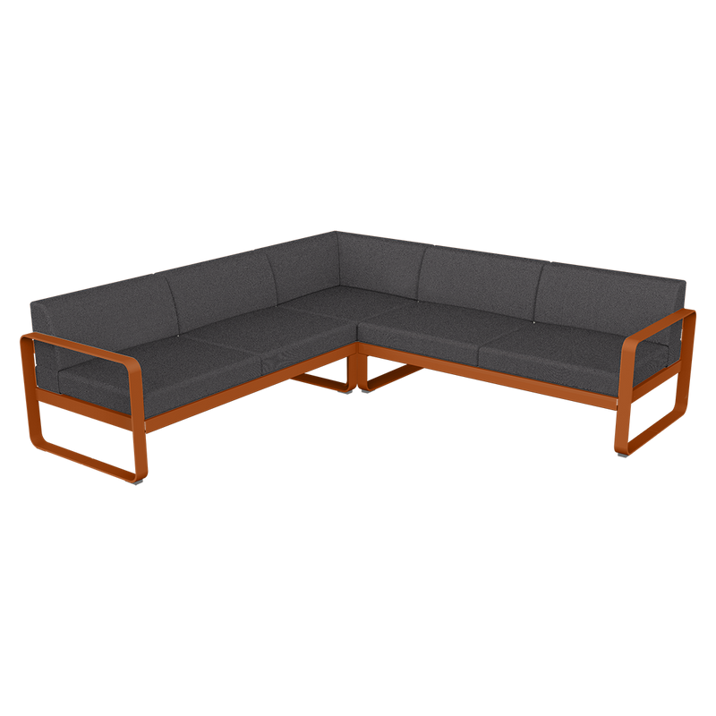Load image into Gallery viewer, Fermob Bellevie modular sofa Composition 2– Candied Orange frame with Graphite Grey fabric cushions
