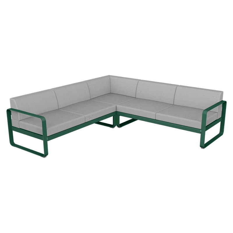 Load image into Gallery viewer, Fermob Bellevie modular sofa Composition 2– Cedar Green frame with Flannel Grey fabric cushions
