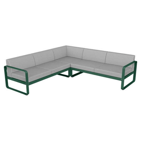 Fermob Bellevie modular sofa Composition 2– Cedar Green frame with Flannel Grey fabric cushions