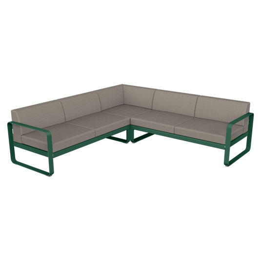 Fermob Bellevie modular sofa Composition 2– Cedar Green frame with Grey Taupe fabric cushions