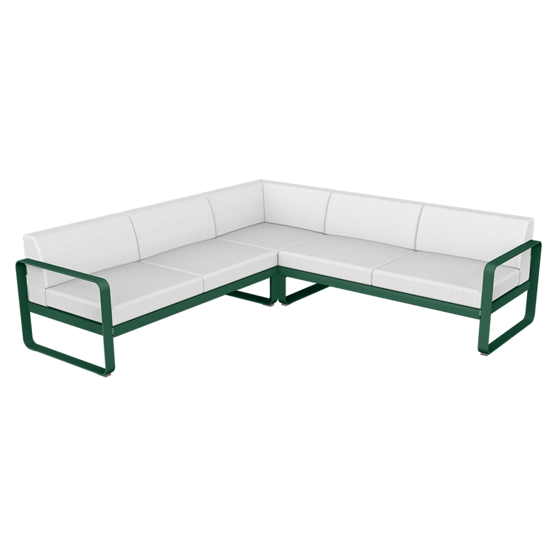 Load image into Gallery viewer, Fermob Bellevie modular sofa Composition 2– Cedar Green frame with Off-White fabric cushions
