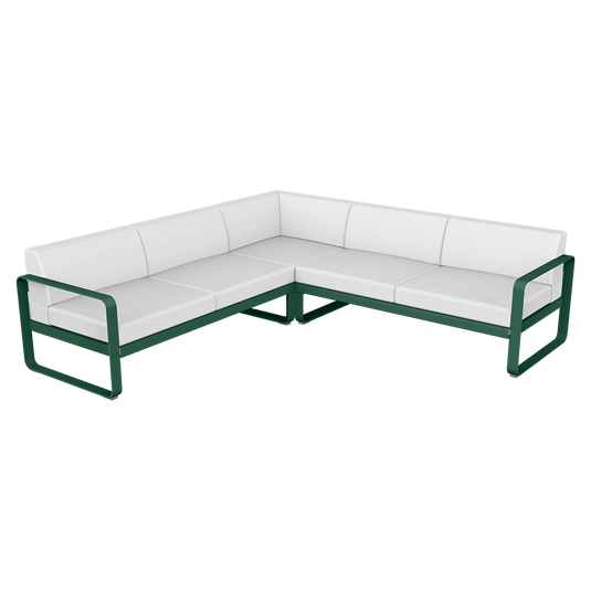 Fermob Bellevie modular sofa Composition 2– Cedar Green frame with Off-White fabric cushions