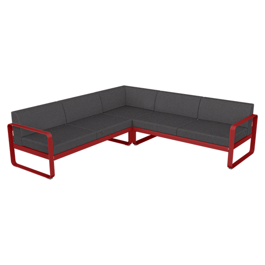 Fermob Bellevie modular sofa Composition 2– Chilli frame with Graphite Grey fabric cushions