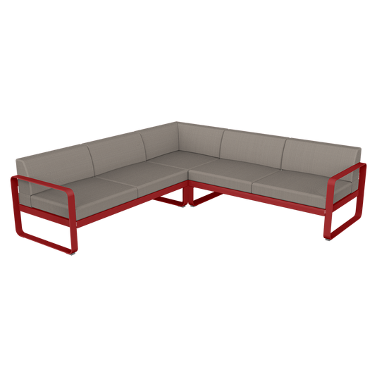 Fermob Bellevie modular sofa Composition 2– Chilli frame with Grey Taupe fabric cushions