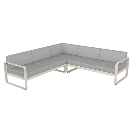 Fermob Bellevie modular sofa Composition 2– Clay Grey frame with Flannel Grey fabric cushions