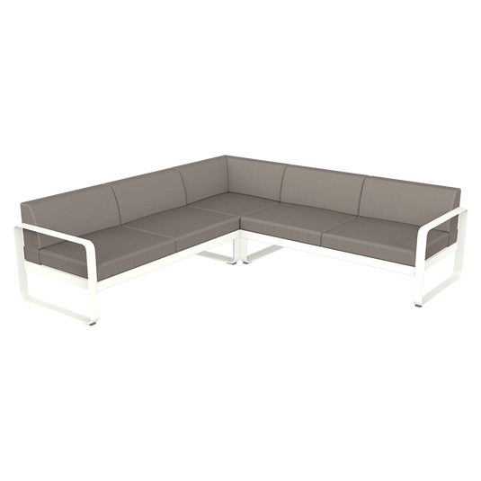 Fermob Bellevie modular sofa Composition 2– Cotton White frame with Grey Taupe fabric cushions
