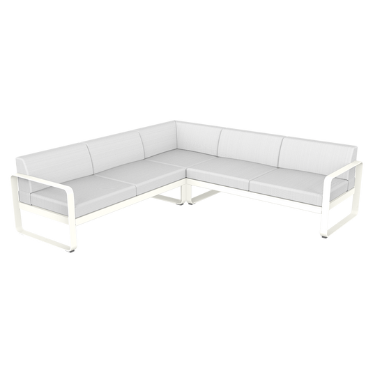 Fermob Bellevie modular sofa Composition 2– Cotton White frame with Off-White fabric cushions