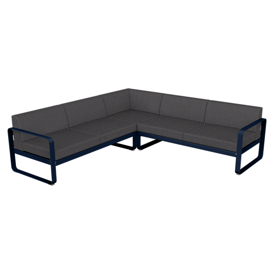 Fermob Bellevie modular sofa Composition 2– Deep Blue frame with Graphite Grey fabric cushions