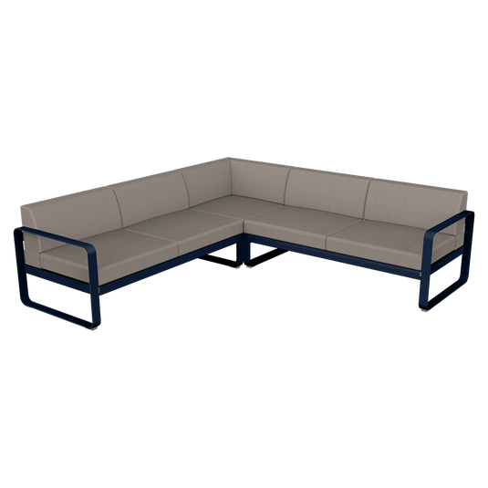 Fermob Bellevie modular sofa Composition 2– Deep Blue frame with Grey Taupe fabric cushions