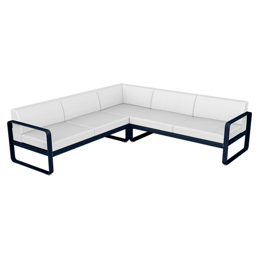 Fermob Bellevie modular sofa Composition 2– Deep Blue frame with Off-White fabric cushions