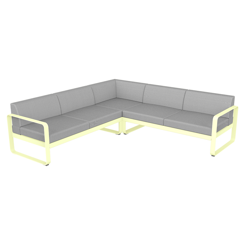 Load image into Gallery viewer, Fermob Bellevie modular sofa Composition 2– Frosted Lemon frame with Flannel Grey fabric cushions
