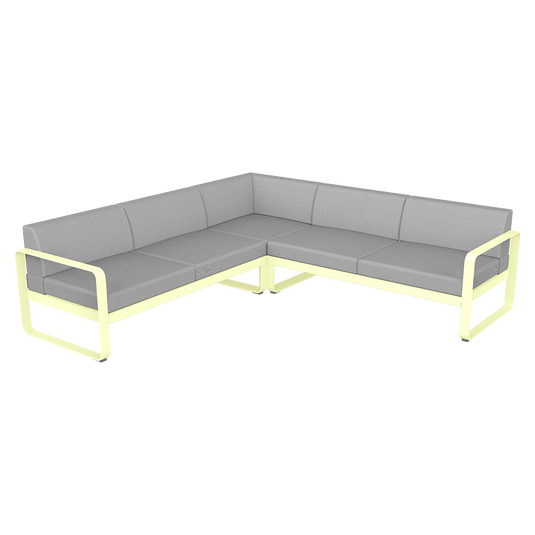 Fermob Bellevie modular sofa Composition 2– Frosted Lemon frame with Flannel Grey fabric cushions