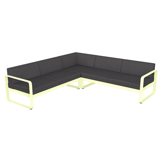 Fermob Bellevie modular sofa Composition 2– Frosted Lemon frame with Graphite Grey fabric cushions