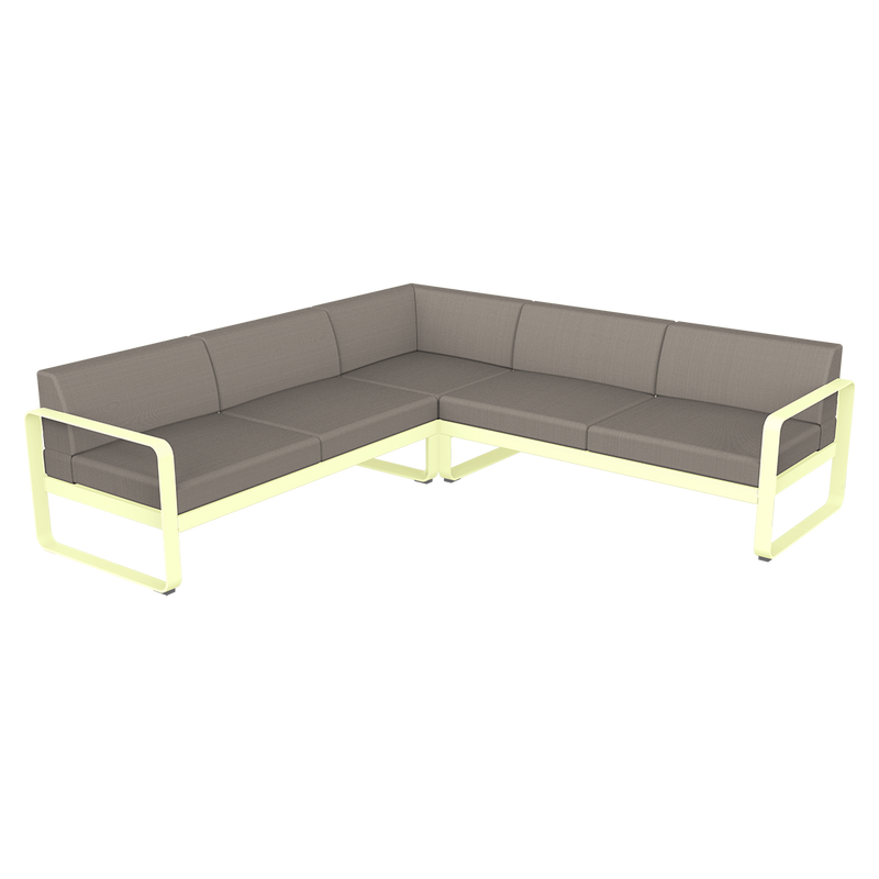 Load image into Gallery viewer, Fermob Bellevie modular sofa Composition 2– Frosted Lemon frame with Grey Taupe fabric cushions
